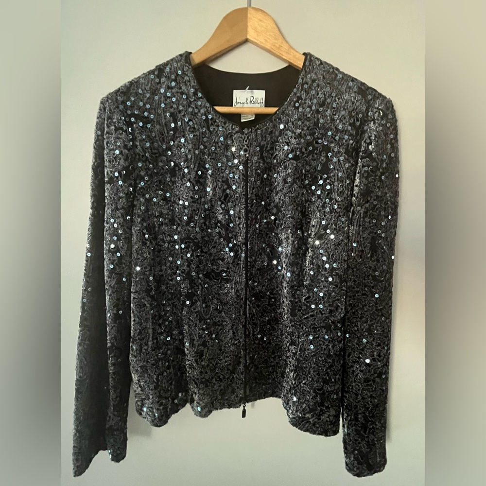 Women JOSEPH RIBKOFF Black Metallic Blue Sequin Textured Occasion Veston Jacket